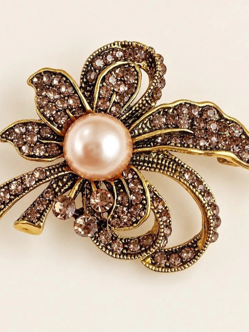 Gold-Tone Floral Faux Pearl & Champagne Rhinestone Brooch